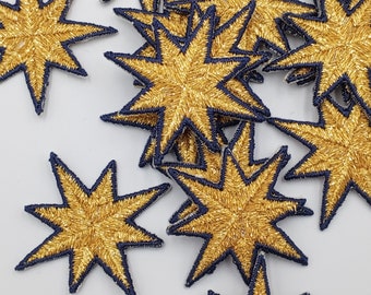 METALLIC Gold Stars Patches Iron on Star Navy blue Outlined Emblem Star Badge appliques Decoration VINTAGE Celestial Inspired Patch #630