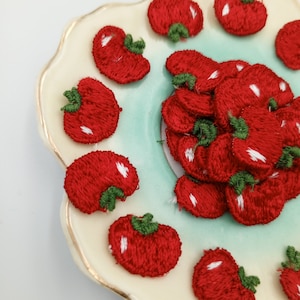 Puede incluir: Una colección de parches de tomate bordados rojos con tallos verdes y acentos blancos en un plato blanco y azul.