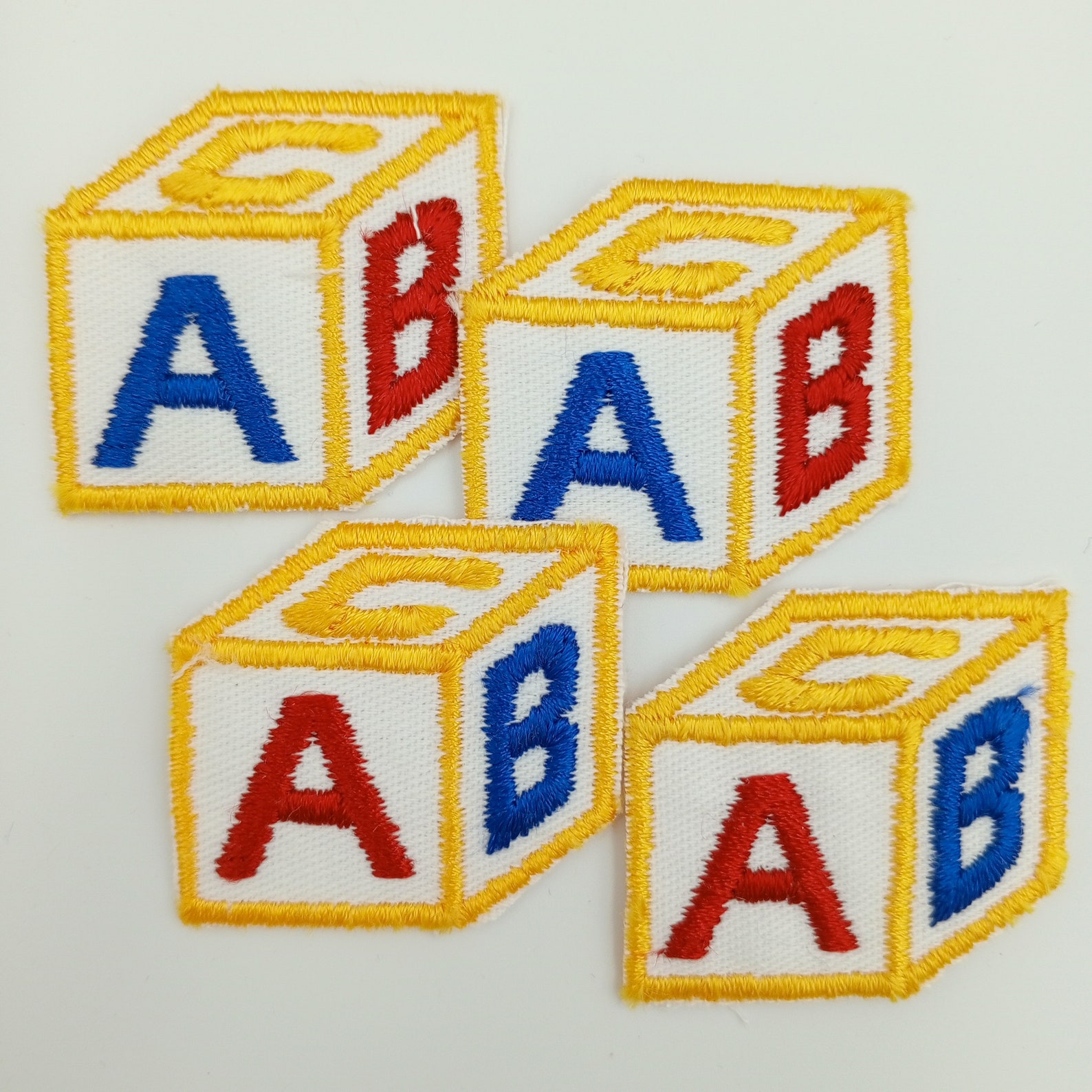 VINTAGE Abc’s Cube Block Patches Navy Blue Yellow Red White Embroidered ...