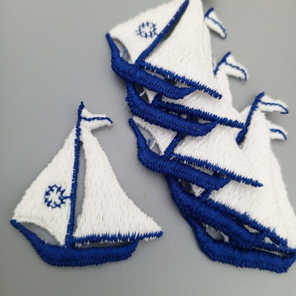 Navy Blue Nautical White Sailboat Patch Sailor Ship Embroidered Vintage Appliques Decorative Motifs Sewing Patches Embellishments #901