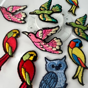 May include: A collection of nine embroidered iron-on patches featuring various birds and an owl. The patches are colorful and feature a variety of designs, including a pink hummingbird, a green hummingbird, a blue owl, and several parrots.