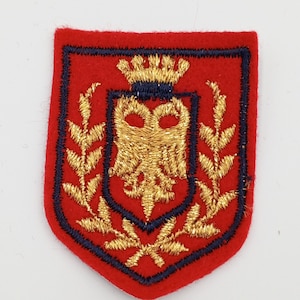 Könnte beinhalten: Ein roter Filz-Patch mit einem blauen gestickten Rand. Der Patch zeigt einen goldenen gestickten Adler mit einer Krone darüber, umgeben von goldenen gestickten Blättern.