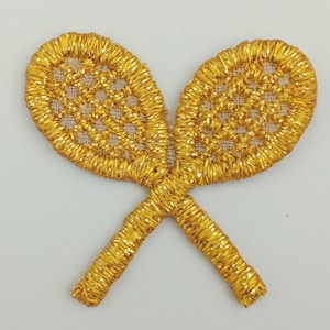 Tennis Patch Embroidery Metallic Gold Tennis Racket Iron-on Transfer Appliques Vintage Double Tennis Racquets Badge Patches #912