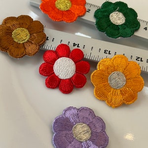 Può includere: Cinque toppe di fiori ricamate in vari colori, tra cui arancione, marrone, verde, rosso e viola. Ogni toppa presenta un centro bianco o argentato.