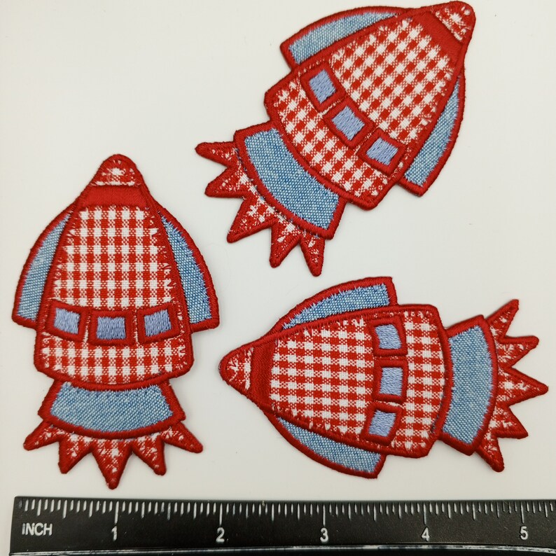 VINTAGE Rocket Spaceship Patches Red Gingham Check Blue Denim ...