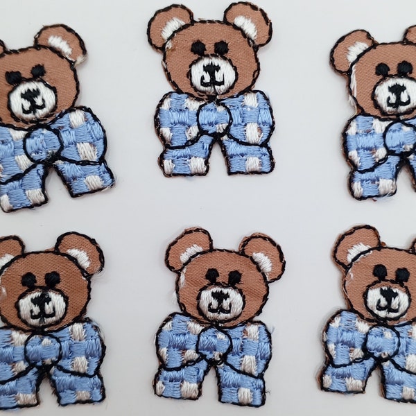 White Blue ribbon brown Teddy bear Patches Iron on sewing appliqué #471