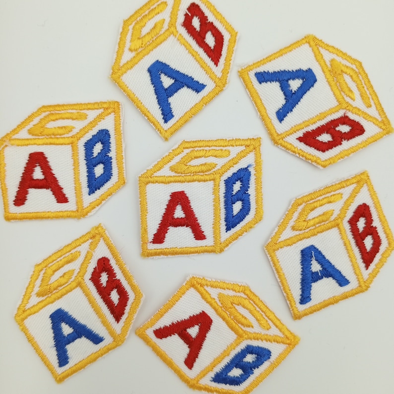 VINTAGE Abc’s Cube Block Patches Navy Blue Yellow Red White Embroidered ...