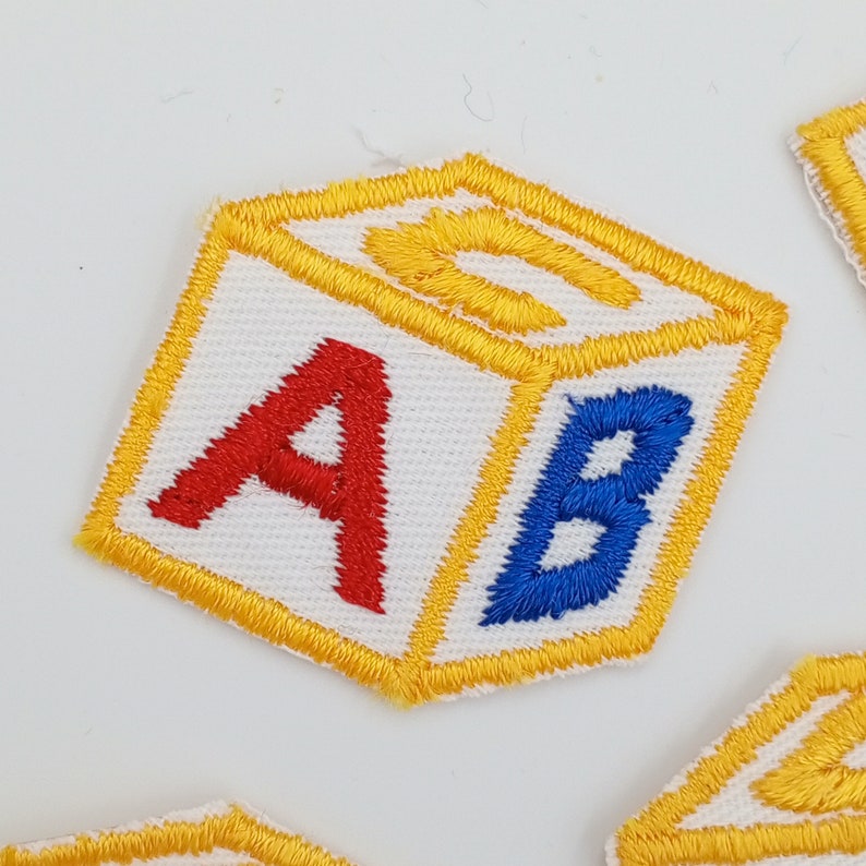 VINTAGE Abc’s Cube Block Patches Navy Blue Yellow Red White Embroidered ...