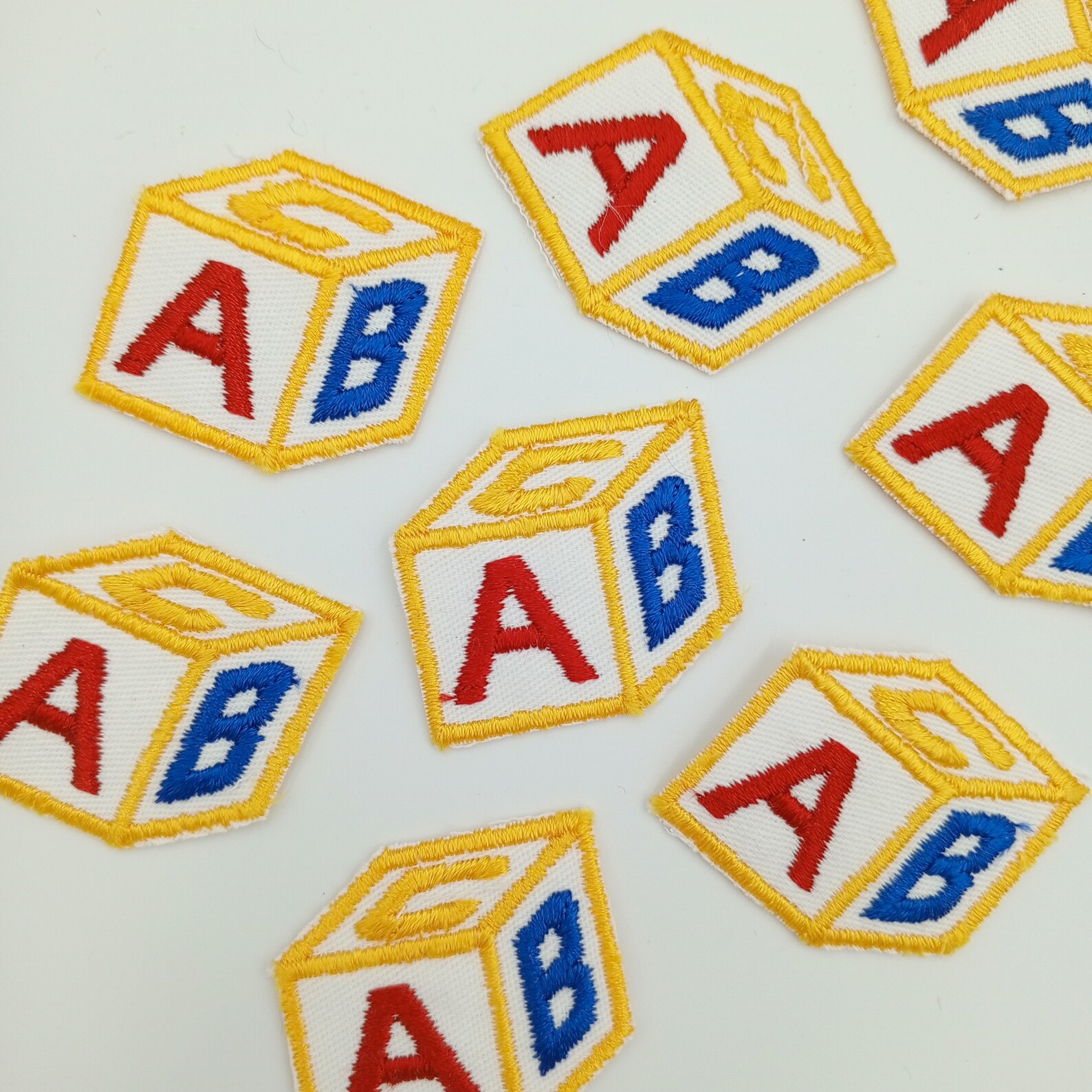 VINTAGE Abc’s Cube Block Patches Navy Blue Yellow Red White Embroidered ...