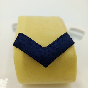 May include: A dark blue chevron patch, often used as a military rank insignia.