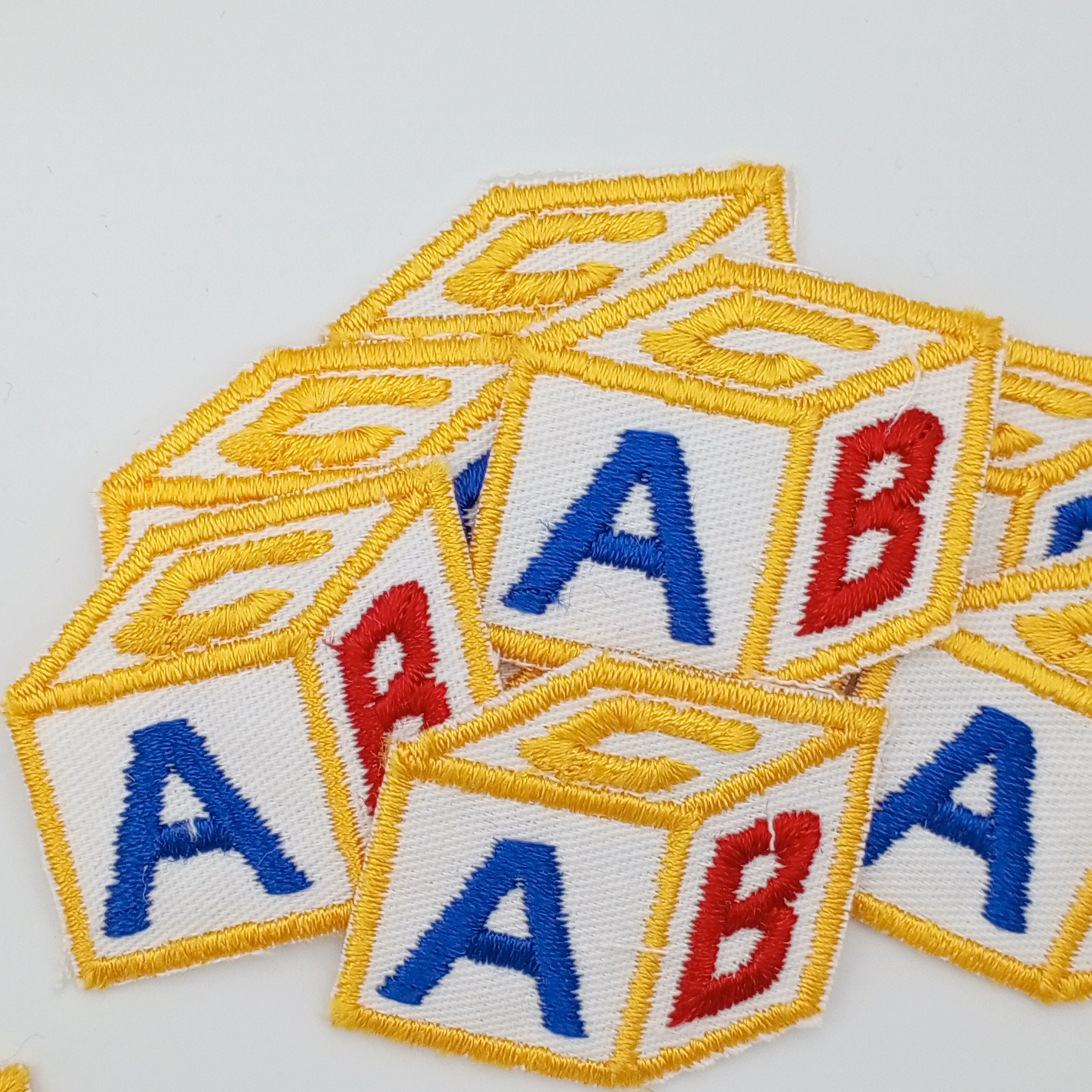 VINTAGE Abc’s Cube Block Patches Navy Blue Yellow Red White Embroidered ...