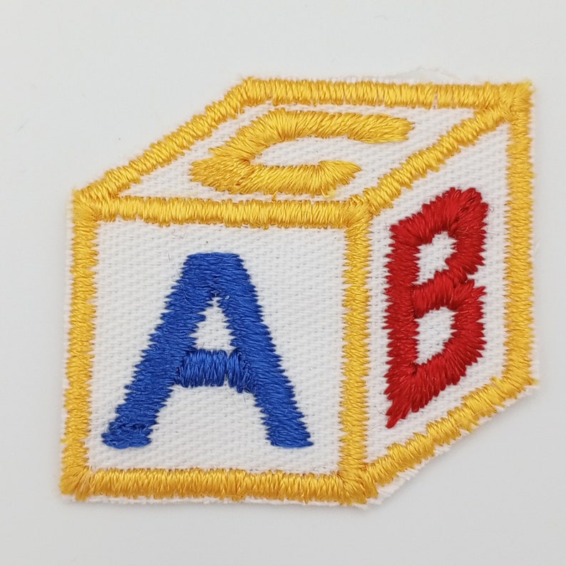 VINTAGE Abc’s Cube Block Patches Navy Blue Yellow Red White Embroidered ...