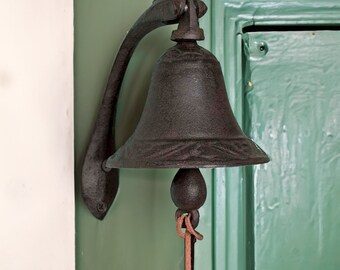Rustic Cast Iron Wall Mounted Dinner Bell with Leather Cord Farmhouse Decor