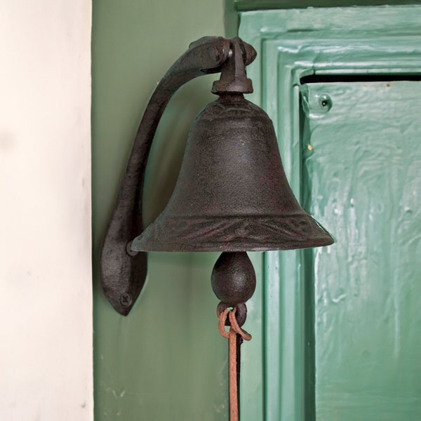 Rustic Cast Iron Wall Mounted Dinner Bell with Leather Cord Farmhouse Decor