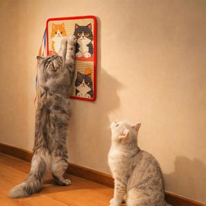 Puede incluir: Un gato gris se rasca en un rascador con temática de gatos en una pared beige. El rascador presenta tres ilustraciones de gatos. Otro gato mira hacia el rascador. Una cinta colorida cuelga del rascador.