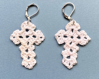 crochet cross earrings, white iridescent earrings, metallic crochet earrings, crucifix earrings, crochet jewelry, christian jewelry