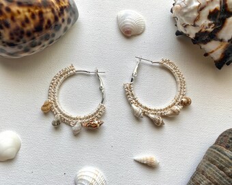 crochet seashell earrings, hoop earrings, boho earrings, seashell earrings, sea theme jewelry, handmade jewelry, crochet earrings, seashells