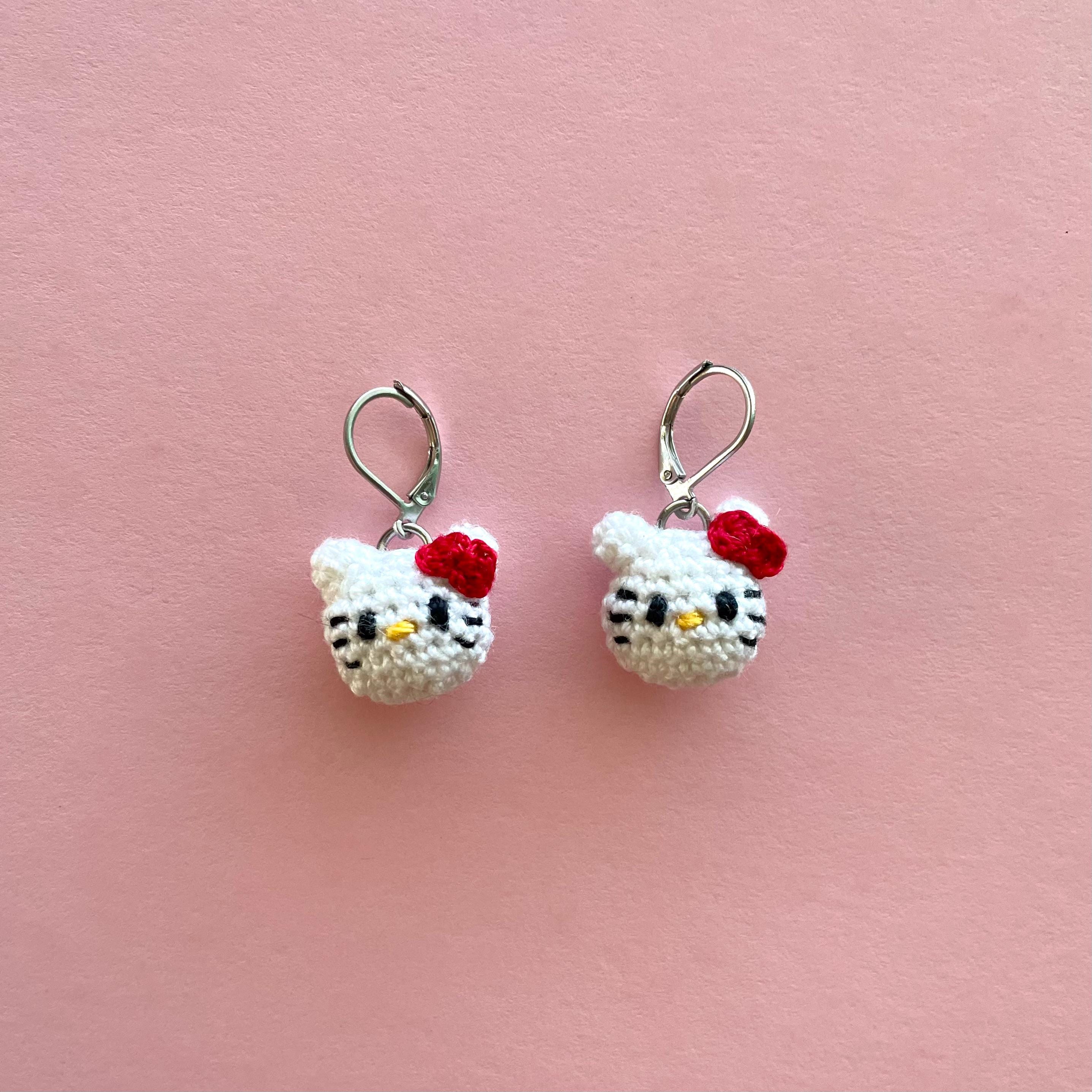 Crochet Hello Kitty Earrings, Amigurumi Earrings, Micro Crochet