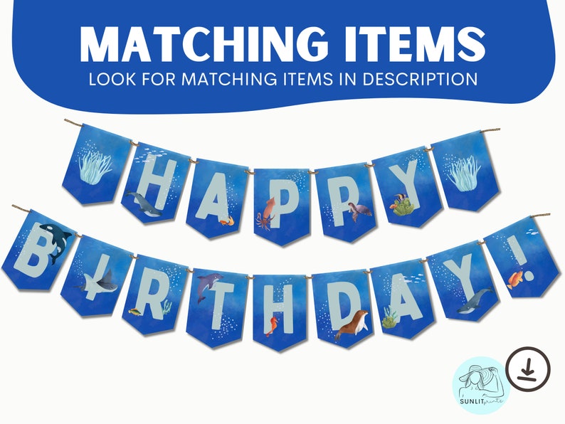 Peut inclure: Banni&egrave;re bleue et blanche avec les mots "Joyeux anniversaire !" en lettres blanches. La banni&egrave;re pr&eacute;sente diverses cr&eacute;atures marines, notamment une baleine, un hippocampe, une &eacute;toile de mer et une tortue de mer.