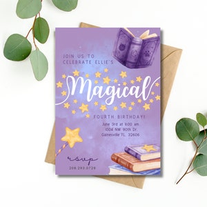 May include: Purple invitation with gold stars and a book with a cat on it. The text reads "Join us to celebrate Ellie's Magical Fourth Birthday!" June 3rd at 11:00 am 1004 NW 90th Dr. Gainesville FL. 32606 rsvp 208.293.0729