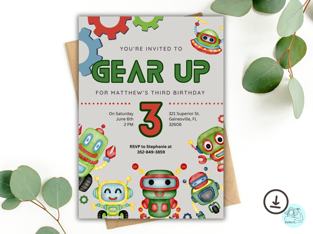 Robot Birthday Party Invitation, Robot Gears Birthday Party Invitation