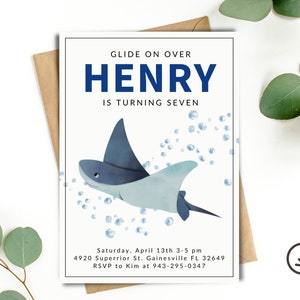 Sting Ray Geburtstagsfeiereinladung, Unter dem Meer-Geburtstagsfeiereinladung Sting Ray Party, bearbeitbare druckbare Sting Ray Einladung