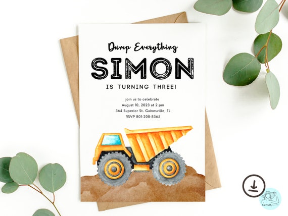 Dump Truck Birthday Party Invitation, Construction Birthday Invitation, Dump Everything Party Invite, Little Boy Birthday Invitation