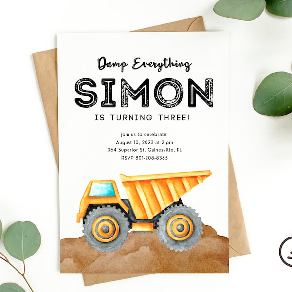 Dump Truck Birthday Party Invitation, Construction Birthday Invitation, Dump Everything Party Invite, Little Boy Birthday Invitation