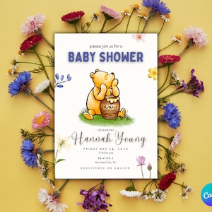 Pooh Bear Baby Shower Invitation, Winnie the Pooh Baby Shower Invite, Instant Editable Template Download, Gender Neutral Baby Shower Invite