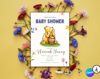 Pooh Bear Baby Shower Invitation, Winnie the Pooh Baby Shower Invite, Instant Editable Template Download, Gender Neutral Baby Shower Invite