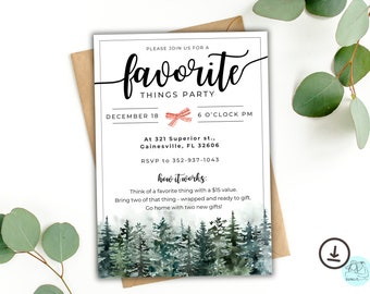 May include: A white invitation with black text for a "favorite things" party. The invitation includes the date, time, address, and RSVP information. The background is a watercolor painting of a forest.