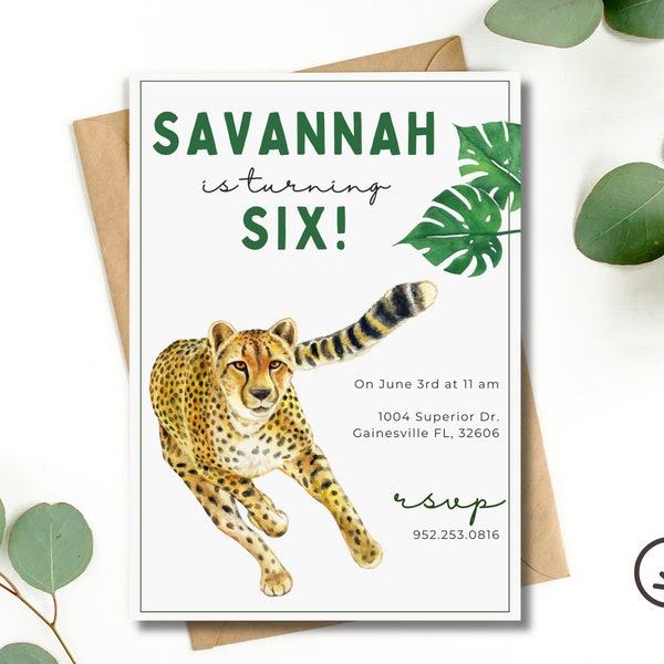 Cheetah Birthday Party Invitation, African Savannah Birthday Party Invitation, Big Cat Birthday Party, Cheetah Editable Birthday Invite