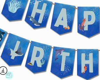 ONEder the Sea Geburtstagsbanner, druckbares Banner mit Meerestieren, alles Gute zum Geburtstag, druckbares Banner, Meerestiere Banner, druckbares Meeresbanner