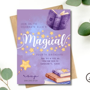 May include: Purple invitation with gold stars and a book illustration. The text reads "Join us to celebrate Ellie's Magical Fourth Birthday!" with the date, time, and location. RSVP information is at the bottom.