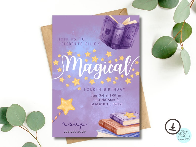 May include: Purple invitation with gold stars and a book illustration. The text reads "Join us to celebrate Ellie's Magical Fourth Birthday!" with the date, time, and location. RSVP information is at the bottom.