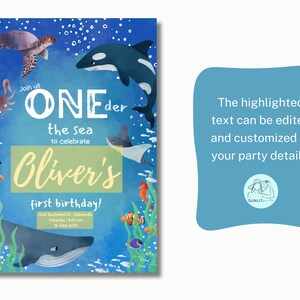 Peut inclure: Une illustration aquarelle bleue et verte d'une sc&egrave;ne sous-marine avec diverses cr&eacute;atures marines, dont une baleine, une tortue, un calmar et un requin. Le texte "Join us ONEder the sea to celebrate Oliver's first birthday!" est &eacute;crit sur l'invitation.