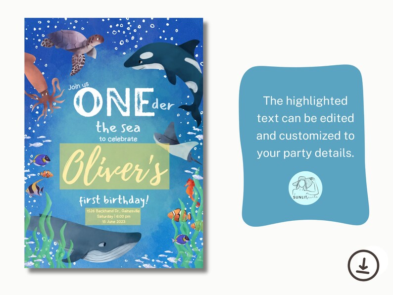 Peut inclure: Une illustration aquarelle bleue et verte d'une sc&egrave;ne sous-marine avec diverses cr&eacute;atures marines, dont une baleine, une tortue, un calmar et un requin. Le texte "Join us ONEder the sea to celebrate Oliver's first birthday!" est &eacute;crit sur l'invitation.