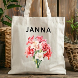 Geburtsblume, Geschenk für sie, personalisierte Canvas-Einkaufstasche, Geburtstags-Monatsblumen-Einkaufstasche, Einkaufstasche mit Monatsblumen, Weihnachtsgeschenk
