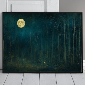 Vintage Dark Forest Landscape Nature Decor, Moon & Stars Wall Art, Night Sky View Canvas Art, Mystical Midnight Sign, Farmhouse Canvas Print
