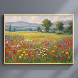 Wildflower Field Oil Painting, Landscape Wall Art Print, Nature Framed Large Gallery Art, Landscape Living Room Wall Art, Wildflowers on Oil
