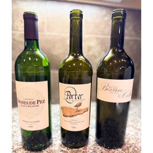 Empty Wine Bottles Set of 3 | Bevan 2016, Porter Cave Dwellers 2019, Ormes de Pez 2016 | Napa and Bordeaux Décor, Upcycled DIY Craft