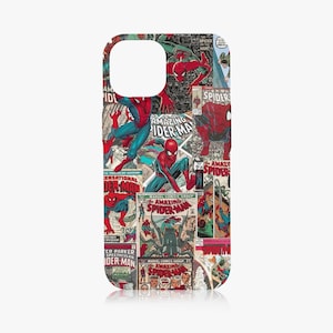 May include: A phone case featuring a collage of vintage comic book covers featuring Spider-Man. The covers are in various colours and feature different illustrations of Spider-Man in action.