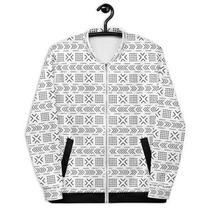 White & Black Bogolan/Mudcloth Unisex Bomber Jacket, African Print