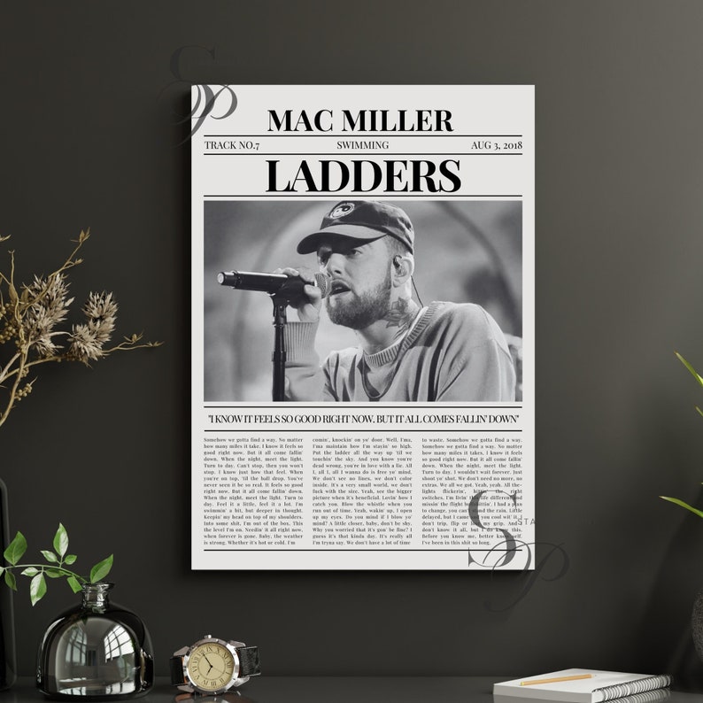 Mac Miller Retro Newspaper Print, Ladders Lyrics Poster, Swimming Album