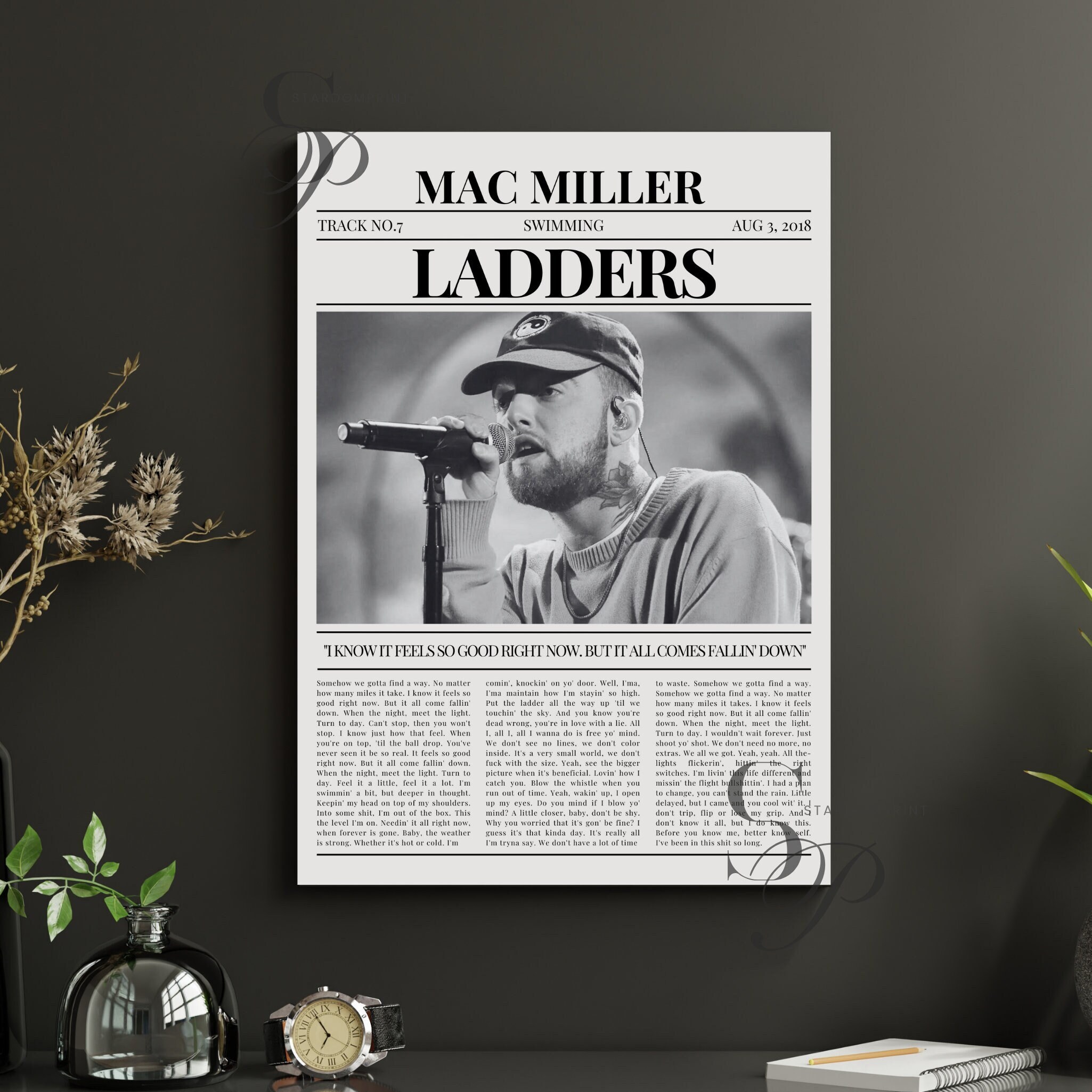 Mac Miller Retro Newspaper Print, Ladders Lyrics Poster, Swimming Album