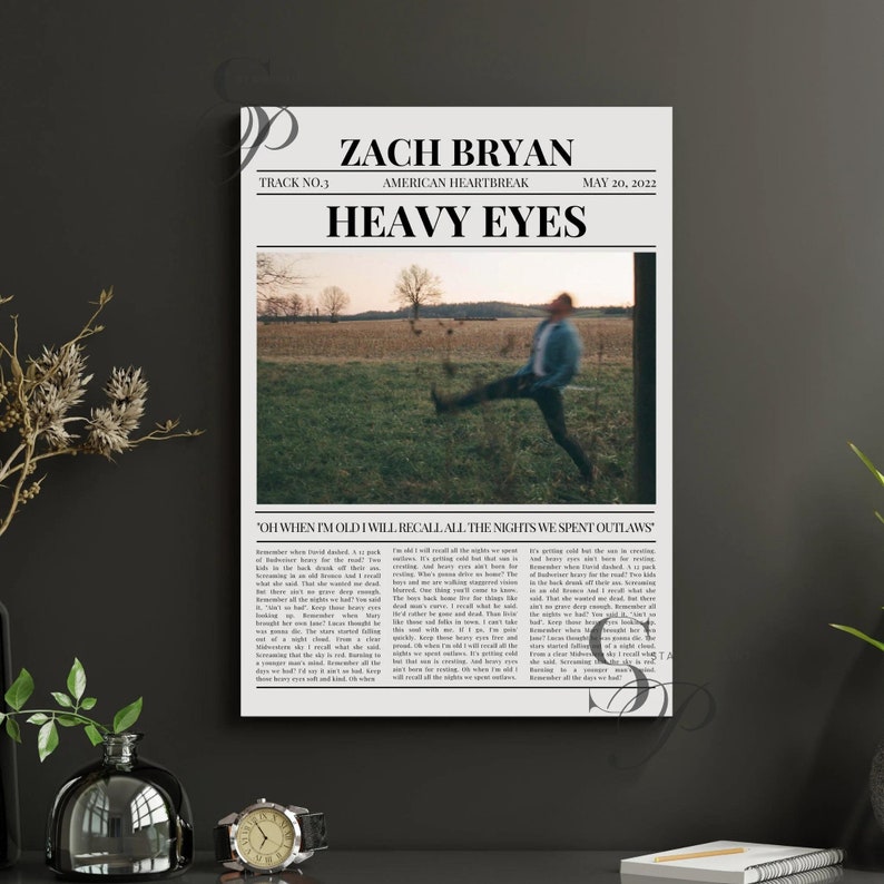 Zach Bryan Retro Newspaper Print, Heavy Eyes Lyrics Poster, American