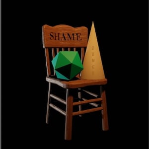 DND Dice Jail. Dungeons and Dragons Time Out Chair and Dunce Hat for all D&D Dice. Punish Bad Dice in our Chair Of Shame Accessory Gift.