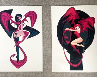Par de impresiones de Pinup de edición limitada originales firmadas de Senti 2005 (solo un par para vender)