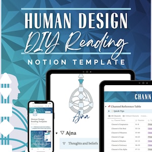 May include: A digital illustration of a human design chart with the text "Ajna" and "Thoughts and beliefs" on a blue and green background. The image also shows a screenshot of a Notion template for a Human Design reading.