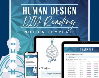 Op de afbeelding: Een digitale illustratie van een human design-diagram met de tekst "Ajna" en "Gedachten en overtuigingen" op een blauwe en groene achtergrond. De afbeelding toont ook een screenshot van een Notion-sjabloon voor een human design-lezing.